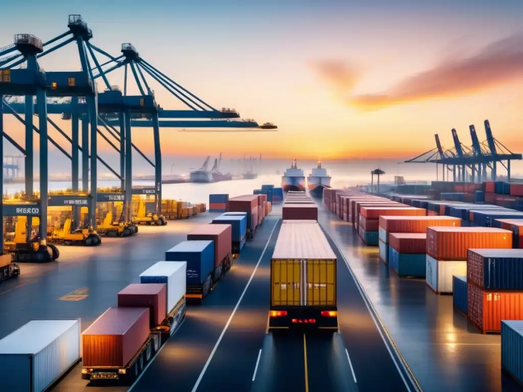 Operaciones logísticas eficientes en un puerto bullicioso al amanecer Eficiente logística internacional innovadora en astillero al amanecer