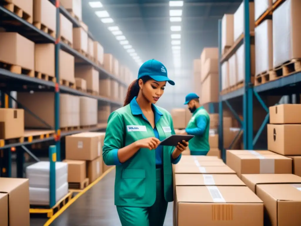 Proceso de logística inversa eficiente y sostenible en almacén Eficiente logística inversa sostenible: trabajadores ordenan productos devueltos con precisión y reciclan cajas