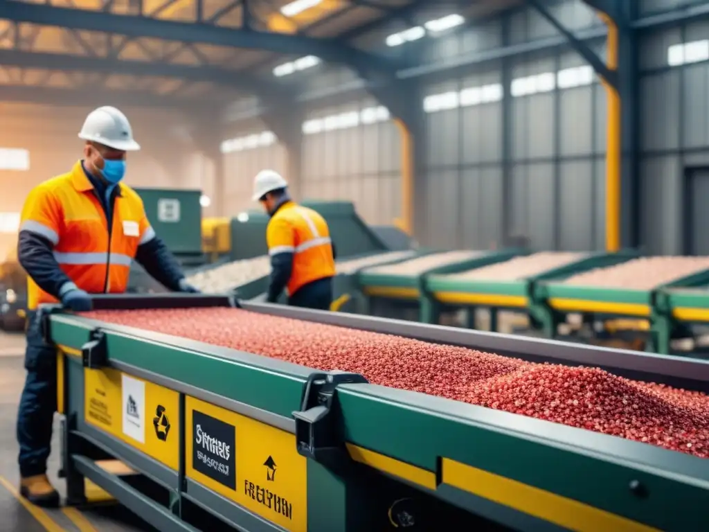 Planta de reciclaje moderna: eficiencia y tecnología avanzada Eficiente logística inversa tecnológica para paquetes, con avanzada maquinaria separando materiales en una planta de reciclaje activa