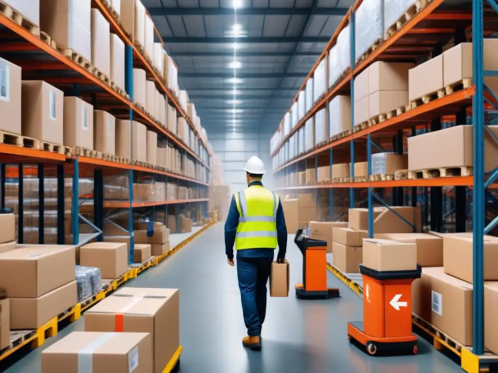 Operación logística inversa eficiente en almacén moderno Eficiente logística inversa con trabajadores ordenando devoluciones, rodeados de paquetes reciclables