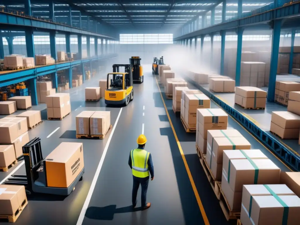 Centro logístico en mercado emergente: labor manual y AI Eficiente logística en mercado emergente: trabajadores descargan mercancía, IA gestiona inventario