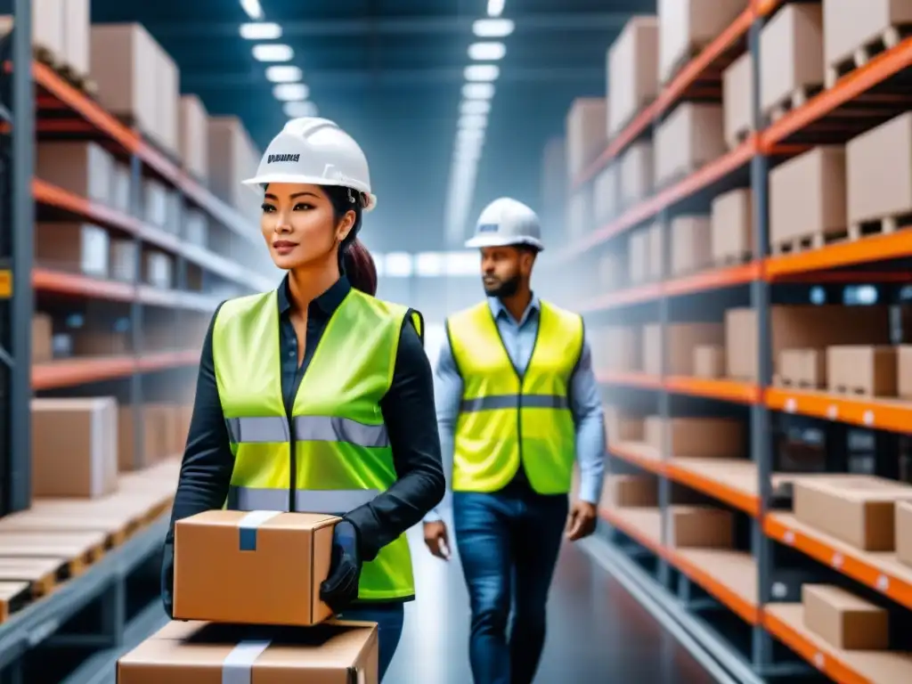 Centro de distribución eficiente: logística omnicanal en acción Eficiente logística omnicanal en almacén con trabajadores moviendo cajas a cintas transportadoras