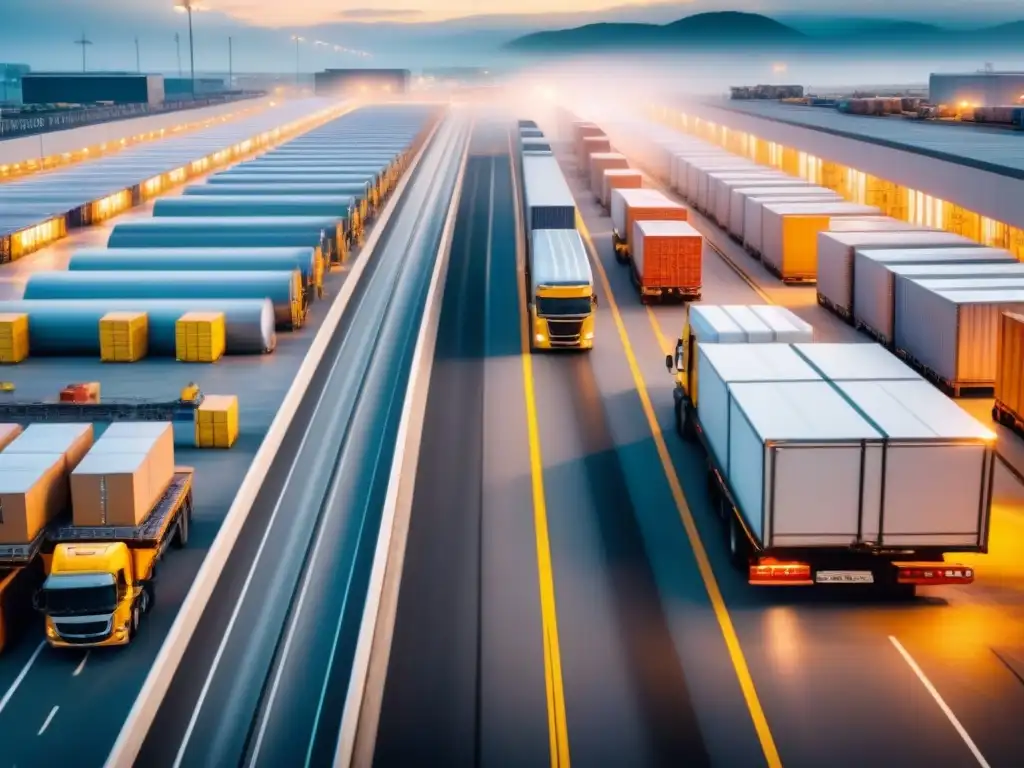 Centro logístico en acción: eficiencia y rapidez en tiempo real Eficiente gestión logística en tiempo real: camiones cargando y descargando, cintas transportadoras en movimiento y trabajadores coordinando envíos