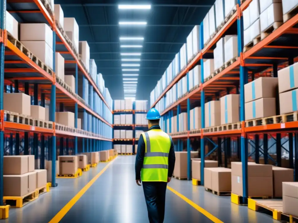 Operación logística en tiempo real: eficiencia y coordinación en almacén Eficiente gestión logística en tiempo real: trabajadores en chalecos de alta visibilidad moviendo paquetes en almacén lleno de actividad