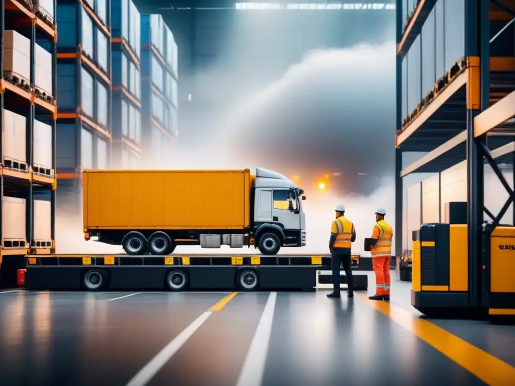 Centro logístico moderno: eficiencia y colaboración Eficiente logística con trabajadores cargando camiones y usando plataformas colaborativas en logística