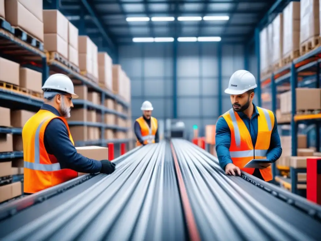 Almacén eficiente: integración de email marketing en logística Eficiente logística con trabajadores en chalecos reflectantes ordenando paquetes en cintas transportadoras