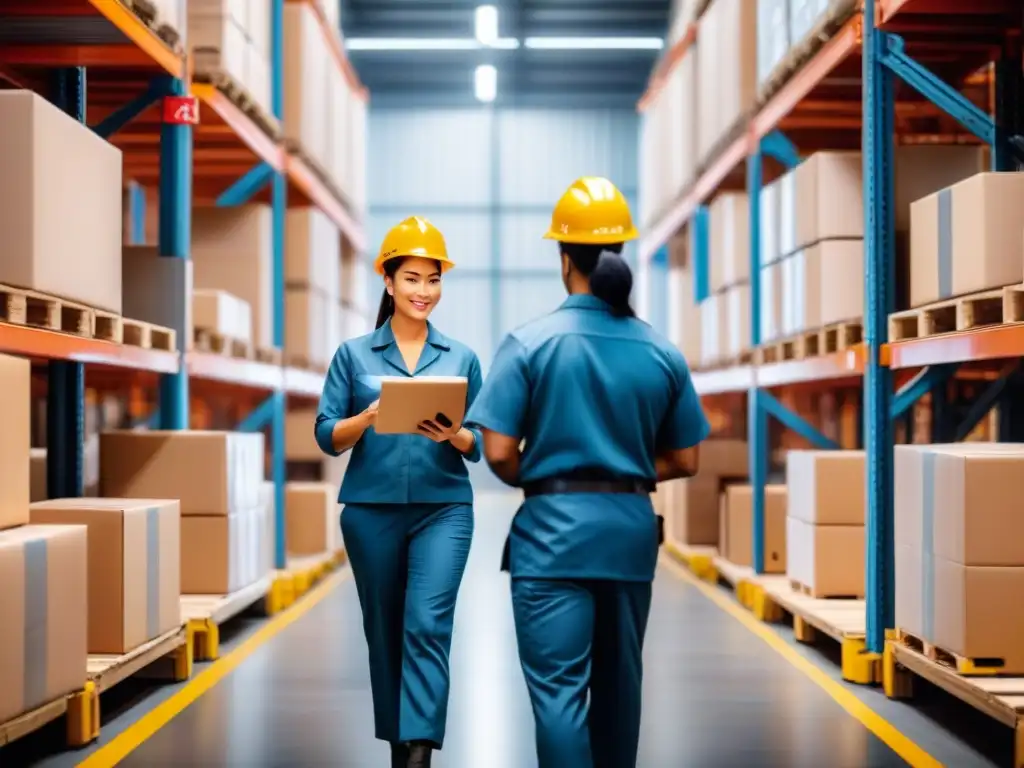 Eficiente logística: trabajadores y software organizan paquetes en almacén