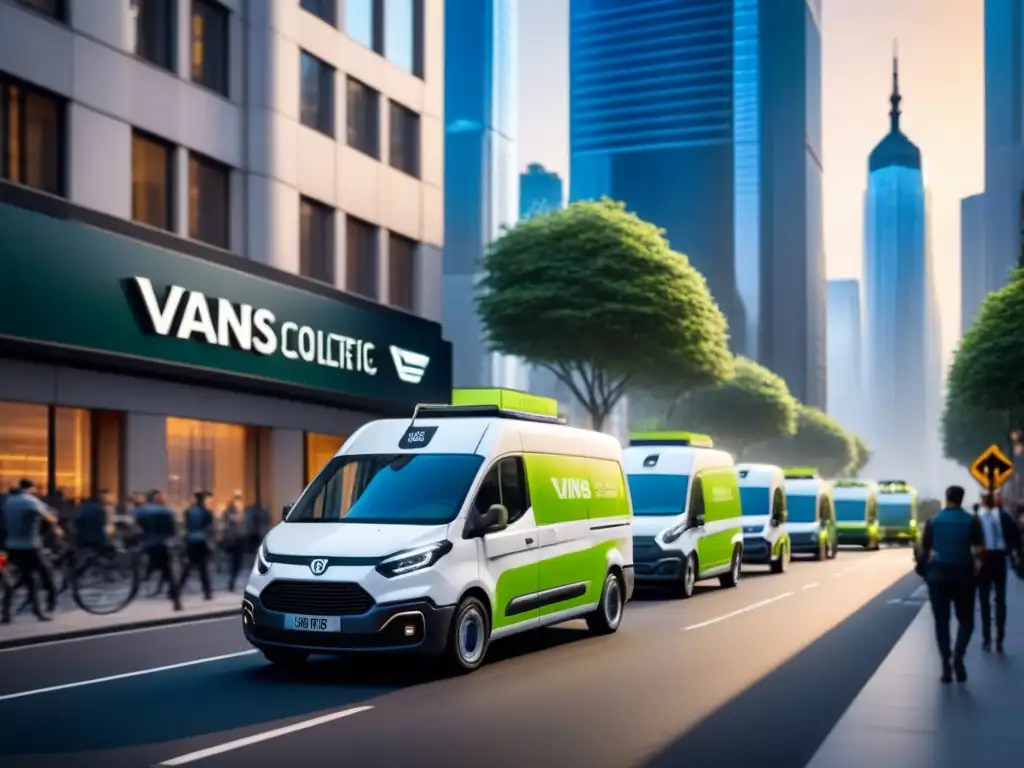 Flota de furgonetas eléctricas en la ciudad del futuro Eficiente logística urbana: Vehículos eléctricos surcando calles modernas entre rascacielos futuristas, rodeados de peatones y ciclistas