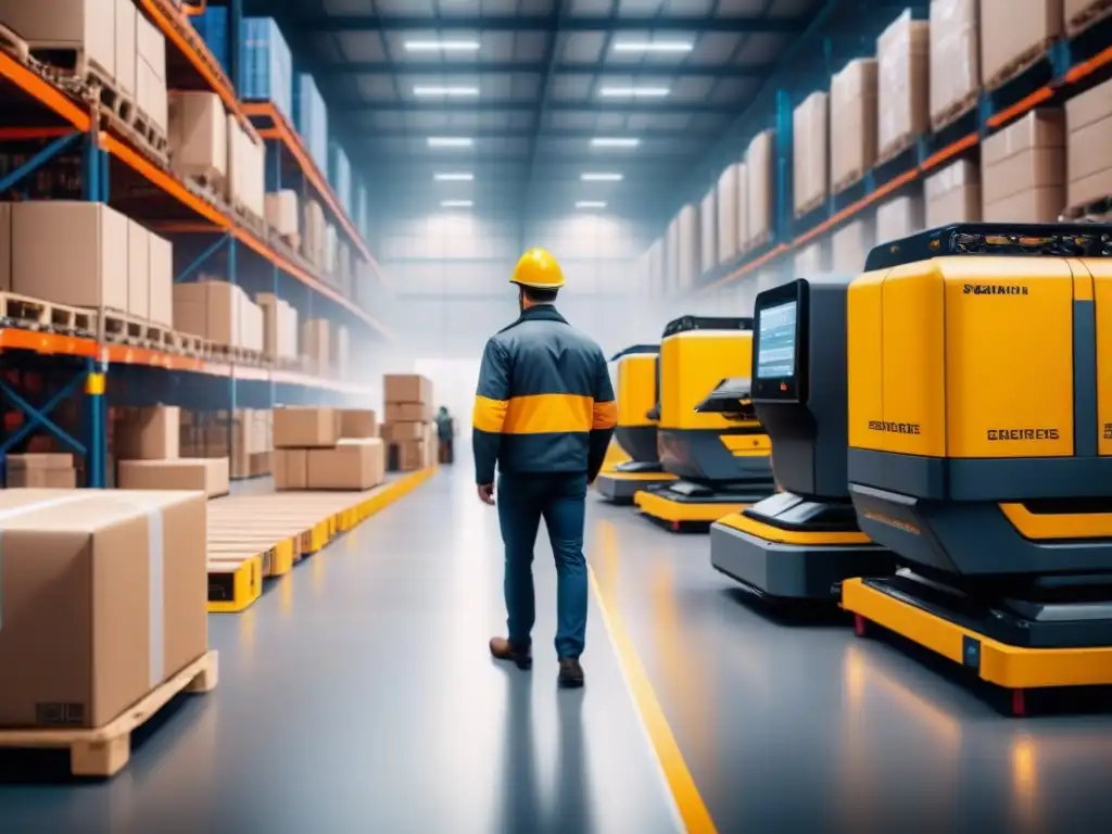 Almacén logístico automatizado: eficiencia tecnológica y expertise humano Eficiente almacén logístico automatizado, robots y trabajadores supervisan, destacando la integración tecnológica