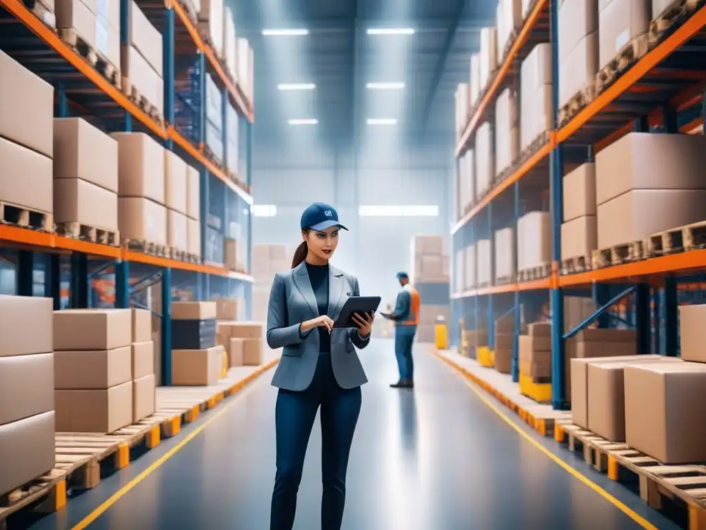Almacén logístico futurista con robots y AI Eficiente almacén logístico con Inteligencia Artificial en operación