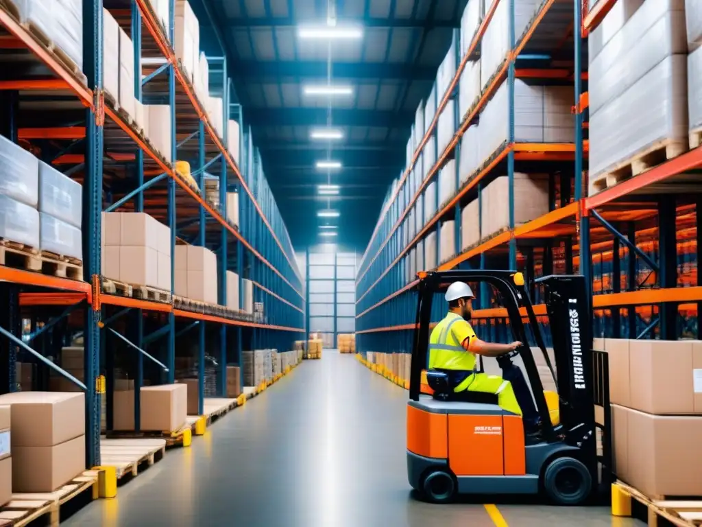 Eficiente operación logística con trabajadores en almacén Eficiente almacén logístico con trabajadores certificados, moviendo pallets con forklifts