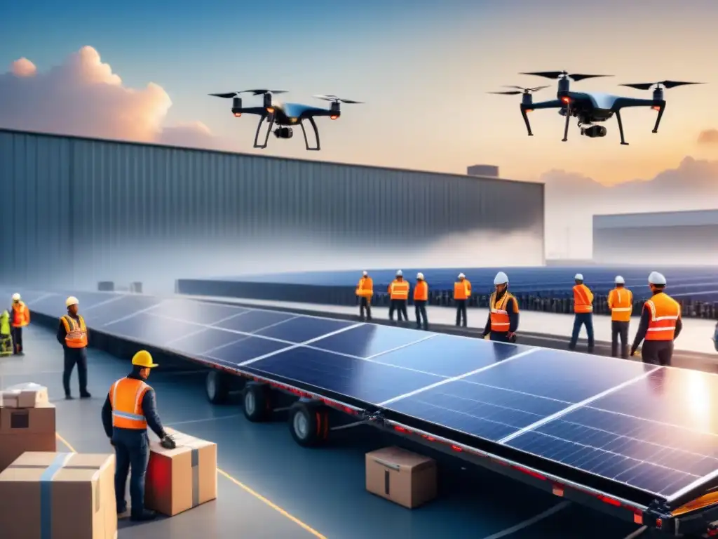 Eficiente almacén logístico con drones y paneles solares Eficiente almacén logístico con trabajadores organizando paquetes, drones automatizados y paneles solares bajo un cielo azul