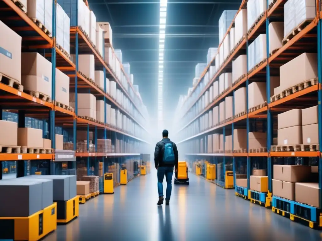 Eficiente almacén logístico con trabajadores y robots, reflejando integración tecnológica y éxito en empresas logísticas innovadoras