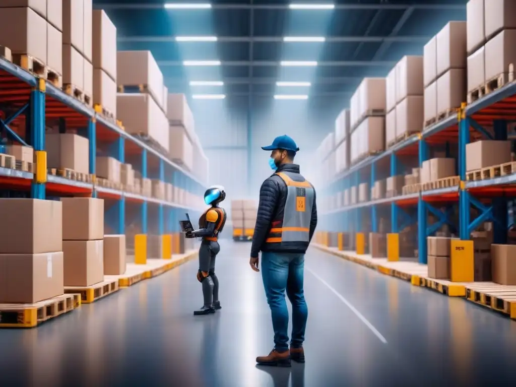 Almacén innovador: humanos y robots trabajando en armonía Eficiente almacén en mercado emergente: humanos y robots IA colaboran en logística