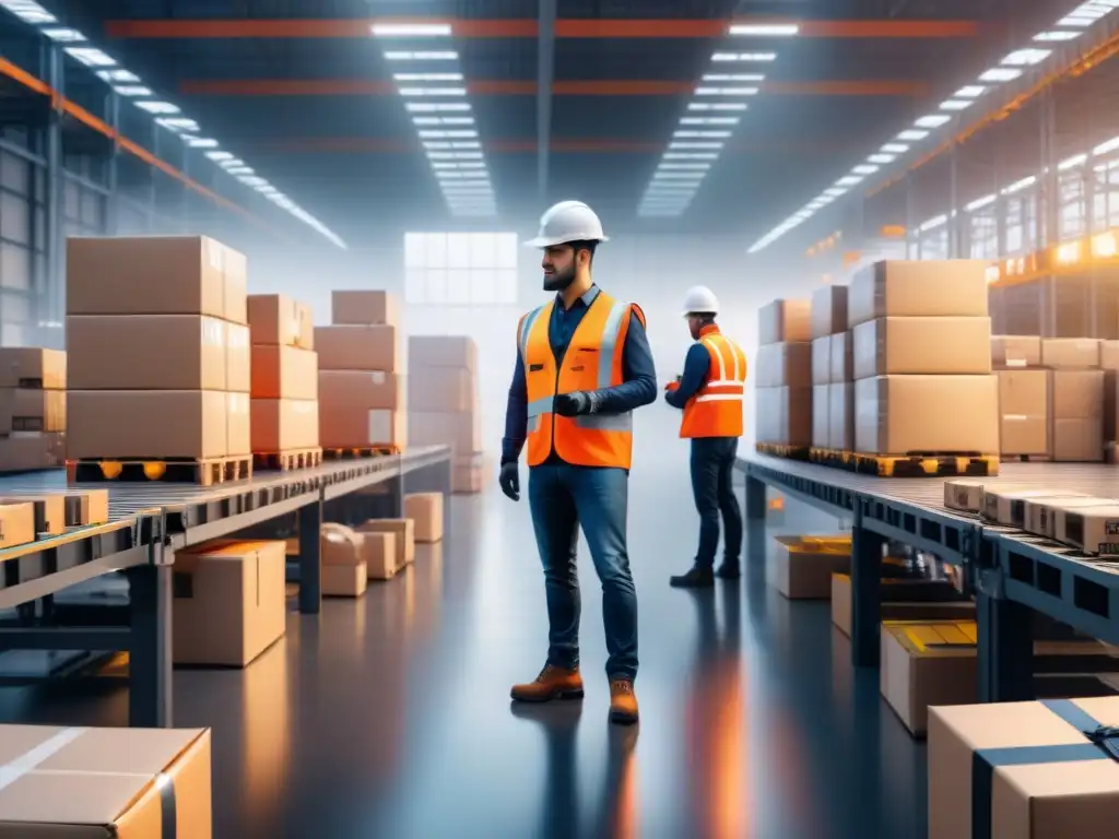 Almacén moderno con robots y blockchain optimizando la logística Eficiente almacén moderno con brazos robóticos clasificando paquetes y red de blockchain