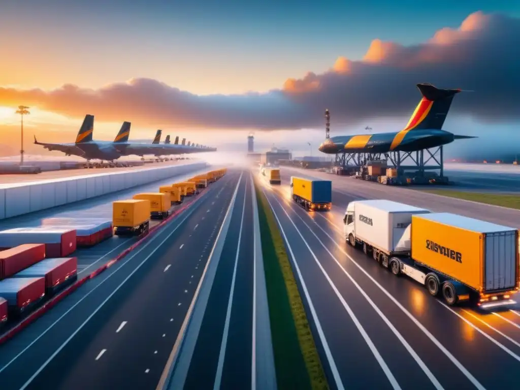 Centro logístico en acción: optimización de rutas en tiempo real Eficiente optimización rutas tiempo real logística en centro de operaciones logísticas con cargas y descargas de camiones