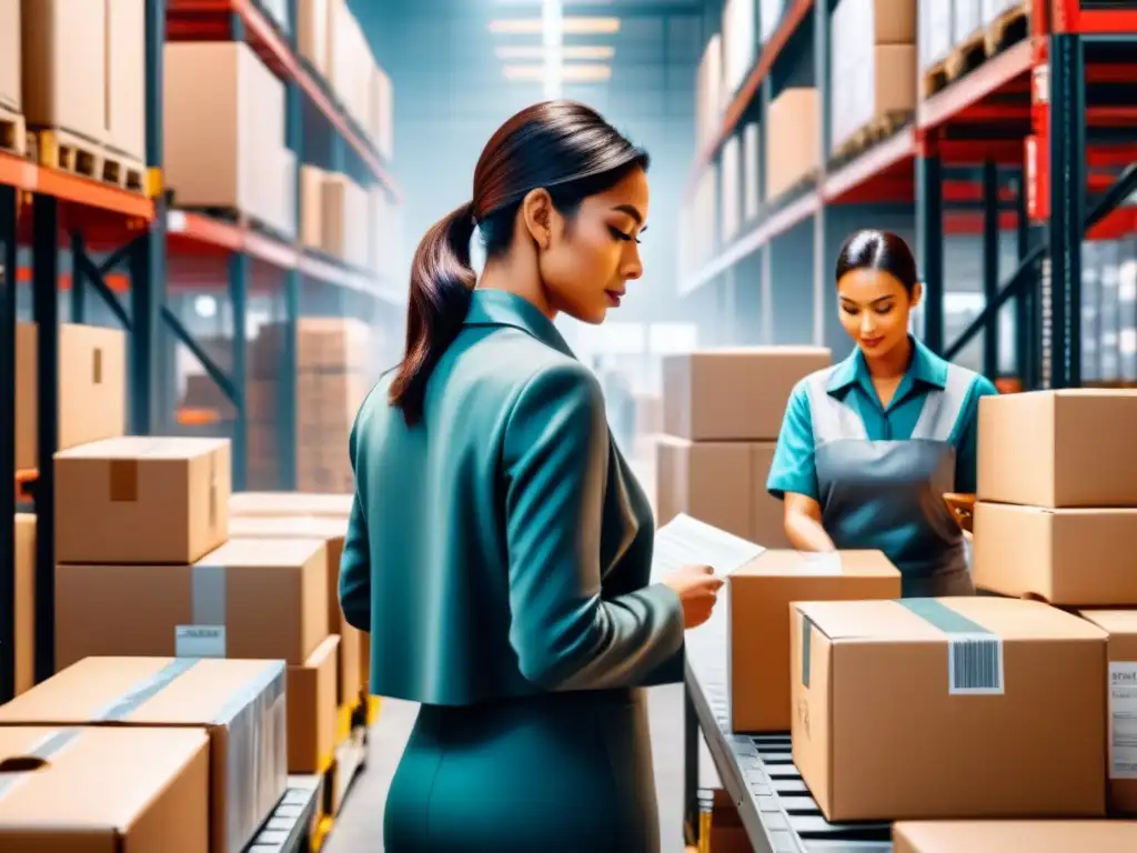 Eficiente personalización logística con análisis de datos: trabajadores organizan paquetes en almacén bullicioso