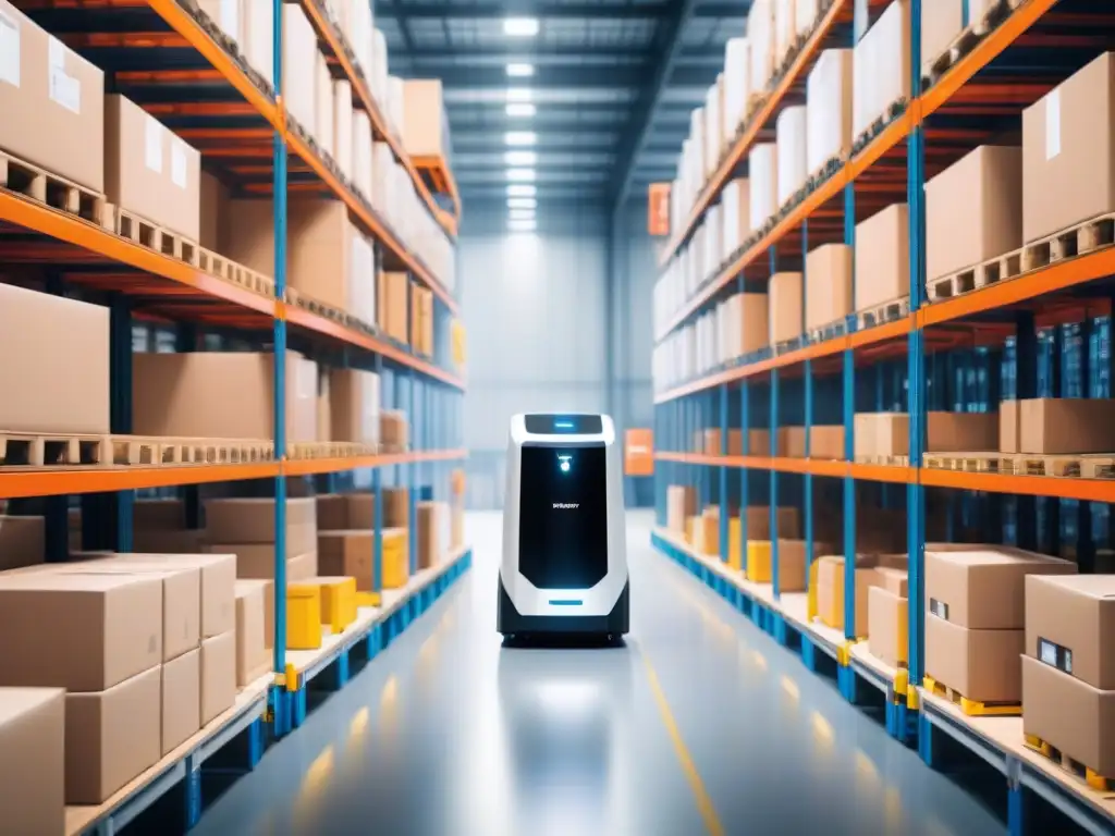 Almacén de última generación: robots y humanos trabajando juntos Eficiente picking: carritos robóticos en almacén moderno, tecnología y trabajo humano integrados