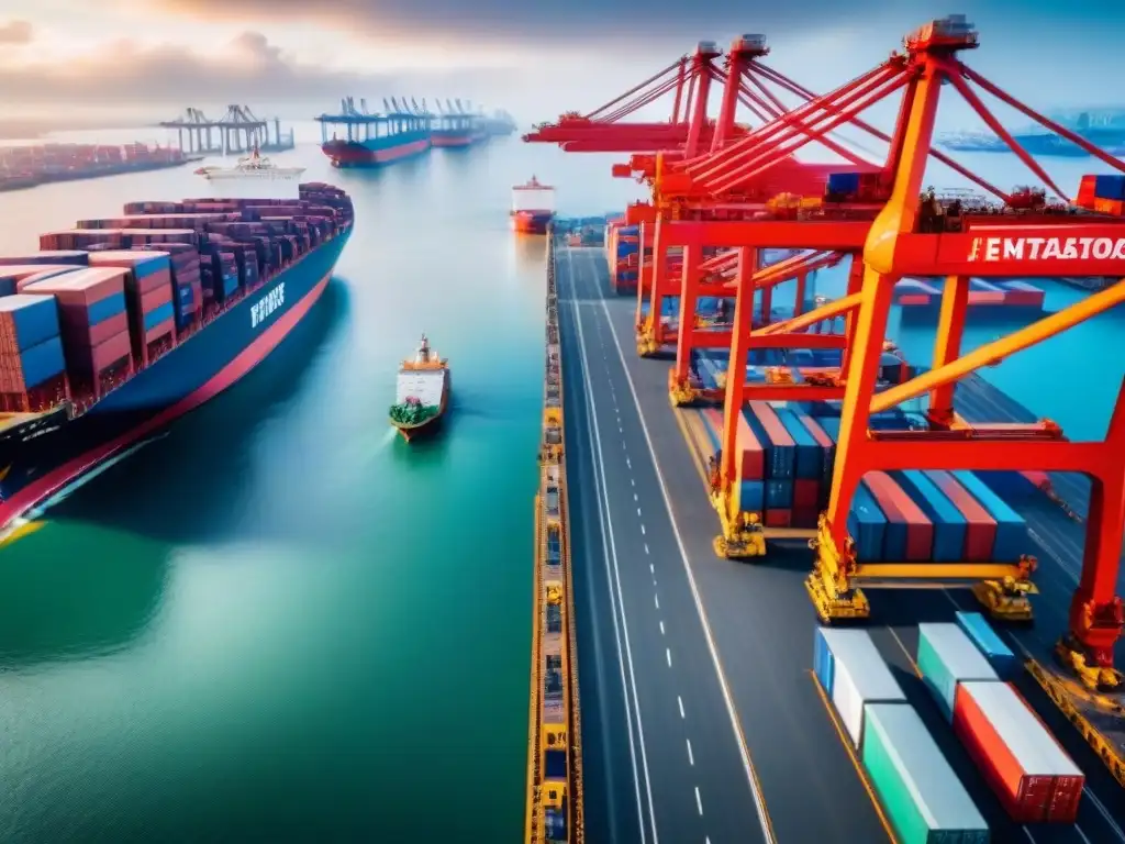 Logística portuaria: eficiencia en comercio internacional Eficiente puerto con carga y descarga de barcos, grúas, contenedores y trabajadores en chalecos vibrantes