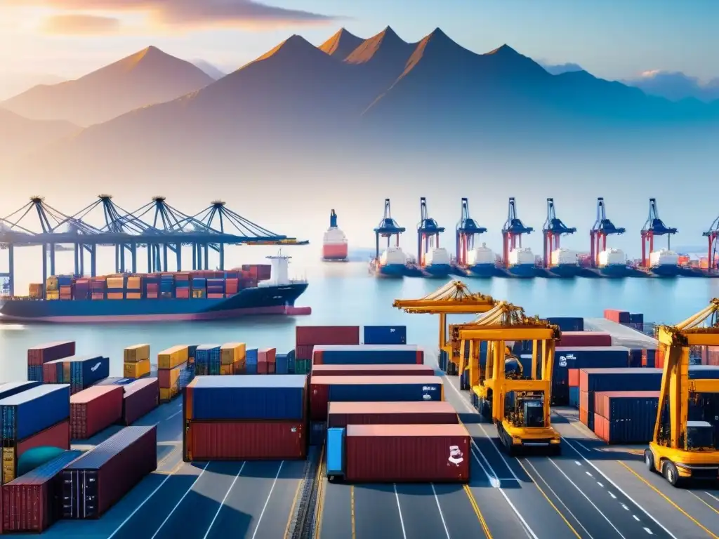 Escena portuaria internacional: eficiente logística en acción Eficiente puerto internacional con cargueros, grúas, contenedores y banderas de varios países
