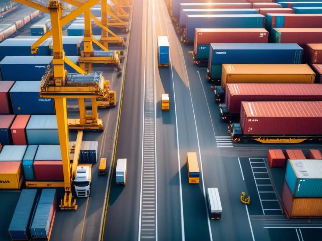Centro logístico en acción: eficiencia y movimiento Eficiente red logística en plena acción, con almacenes, camiones y trenes cargados