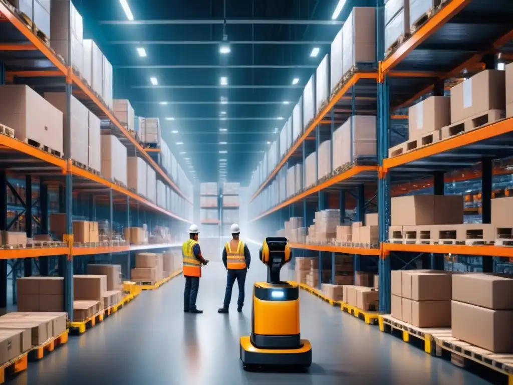 Eficiencia robótica en almacén futurista Eficiente almacén con robots y trabajadores supervisando, optimización cadenas suministro Big Data