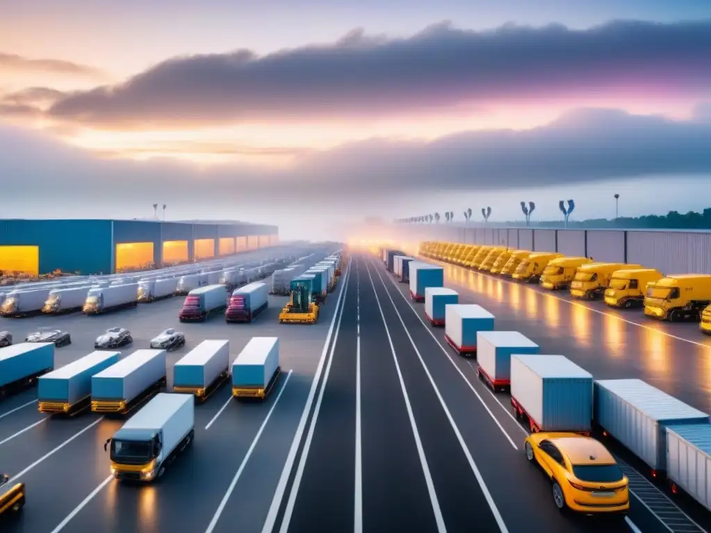 Centro logístico moderno: seguimiento en tiempo real de flota y empleados Eficiente seguimiento de vehículos en centro logístico moderno, reflejando coordinación y precisión en la innovadora logística