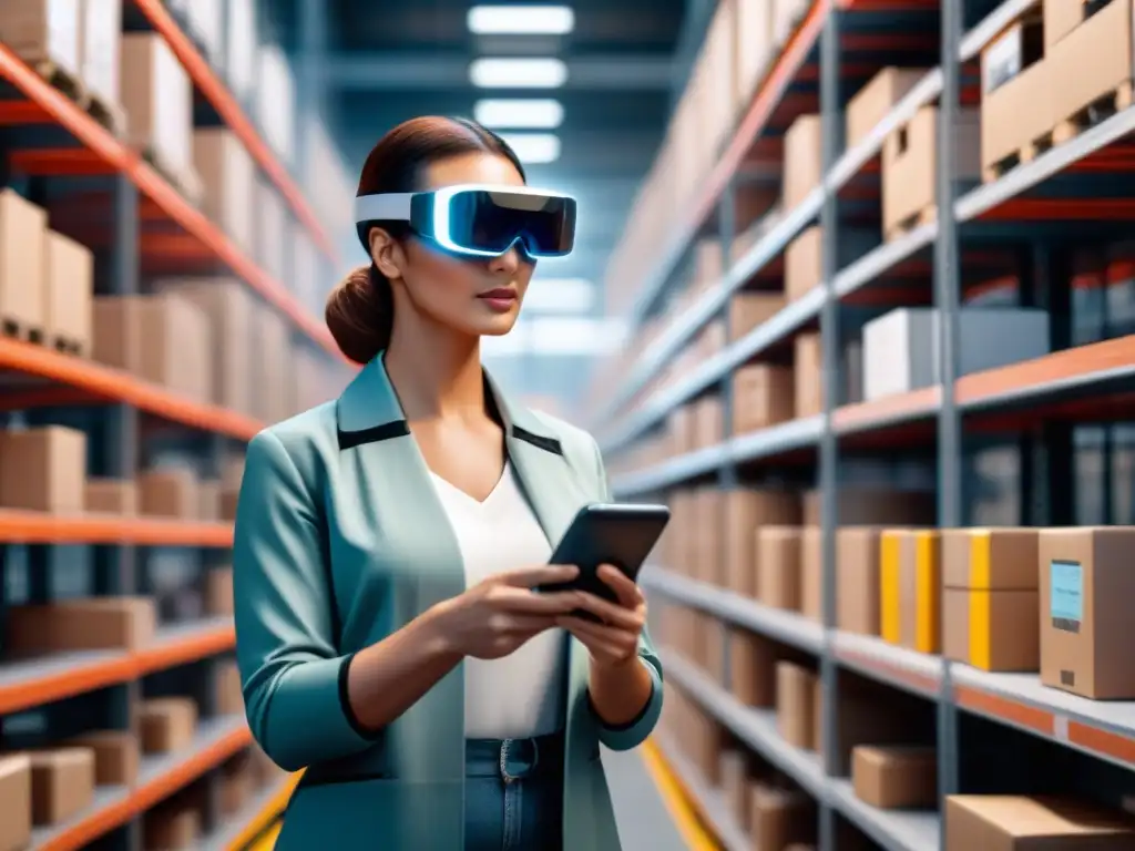 Eficiente selección de pedidos con gafas de realidad aumentada Eficiente selección de pedidos con Realidad Aumentada en almacén: trabajador usando gafas AR para seleccionar productos de los estantes