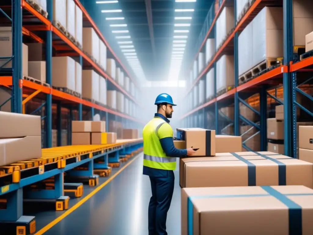 Almacén logístico moderno: eficiencia y tecnología en acción Eficiente almacén de startup logística con personal organizando paquetes y tecnología avanzada
