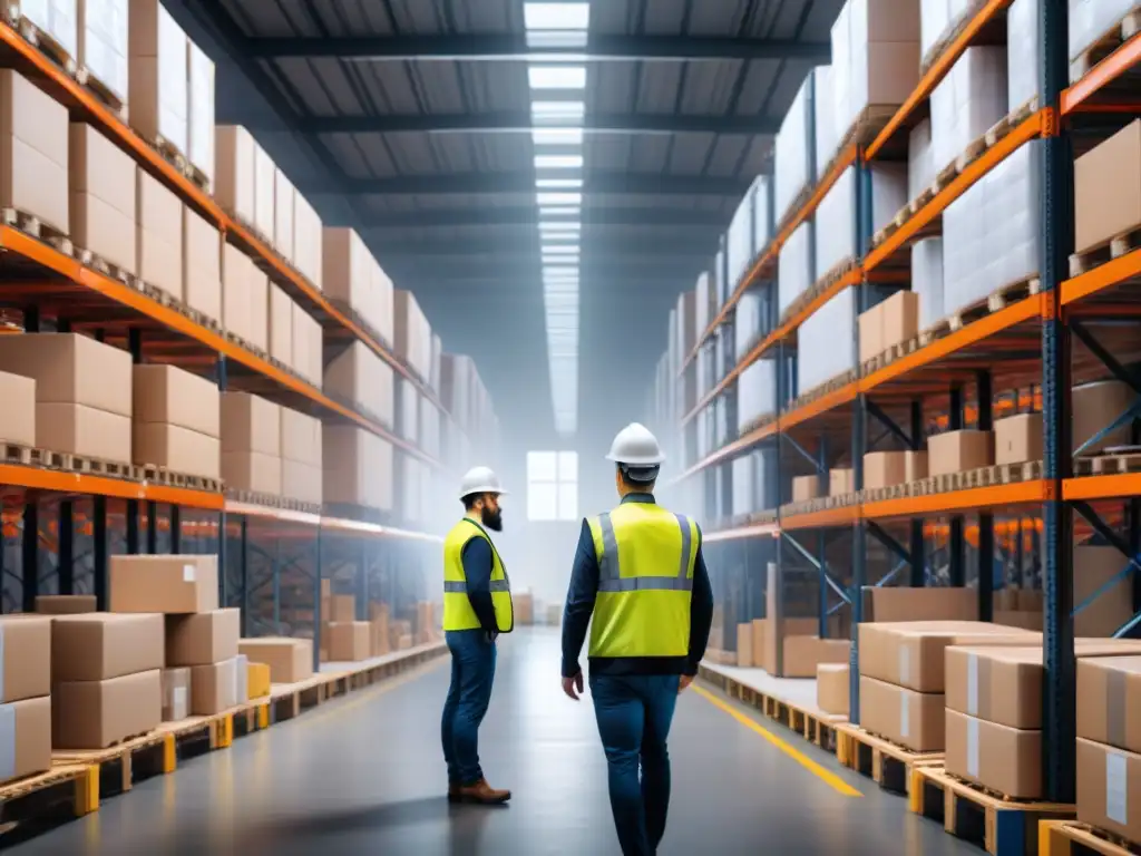 Eficiencia logística en almacén de ecommerce Eficiente almacén con trabajadores en chalecos reflectantes y cascos, usando software para gestionar paquetes