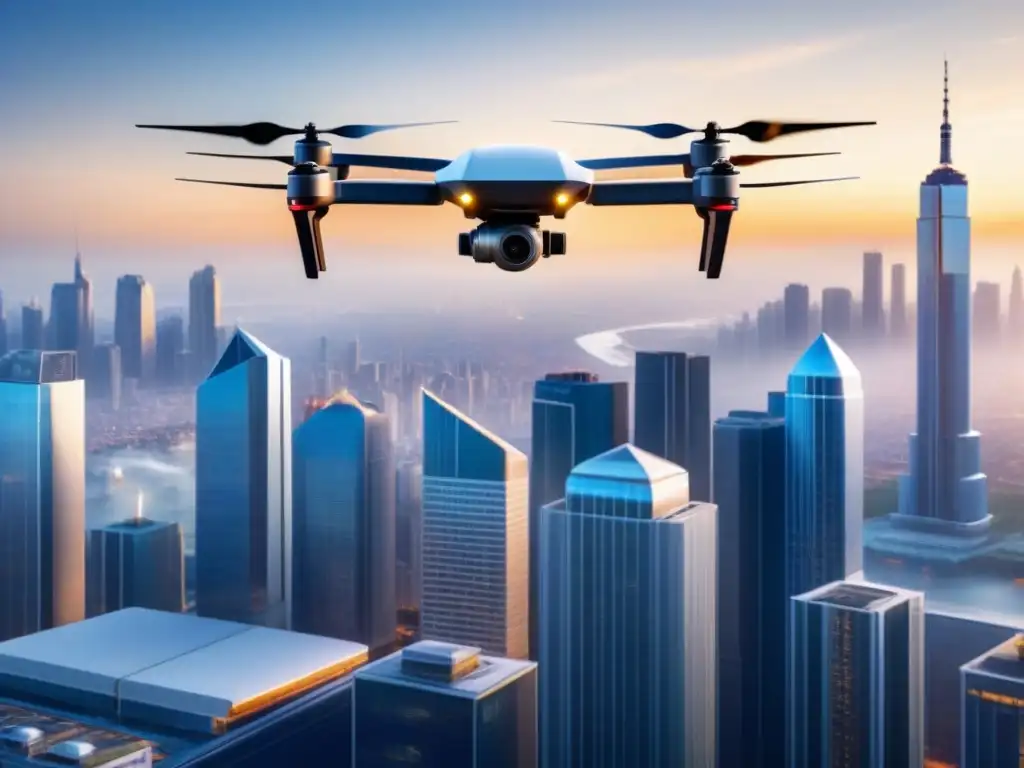 Flota de drones de entrega en acción sobre la ciudad Eficientes entregas con drones logística: Flota de drones en movimiento sobre una ciudad bulliciosa con rascacielos y calles llenas
