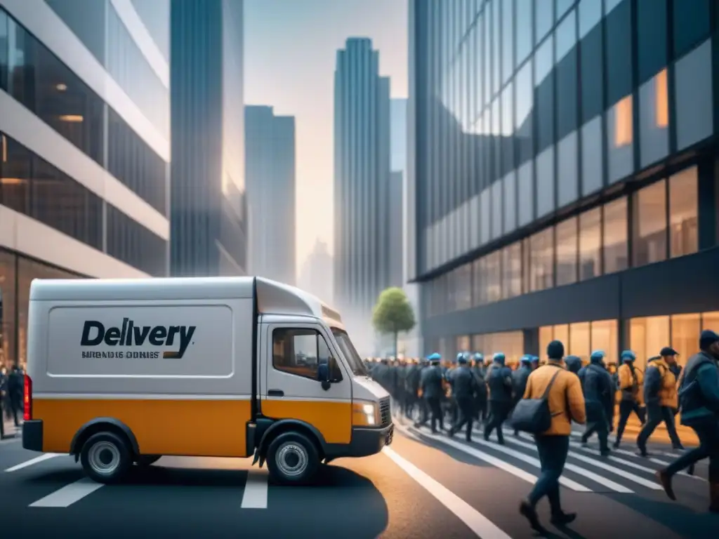 Entrega eficiente: couriers en ciudad tech-savvy Eficientes soluciones tecnológicas para entregas en ciudad moderna con mensajeros y camión de reparto