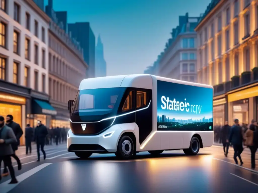 Camión eléctrico de entrega: tecnología ecoeficiente en la ciudad Camión eléctrico de alta tecnología en ciudad bulliciosa, destacando eficiencia y tecnología eco en operaciones logísticas