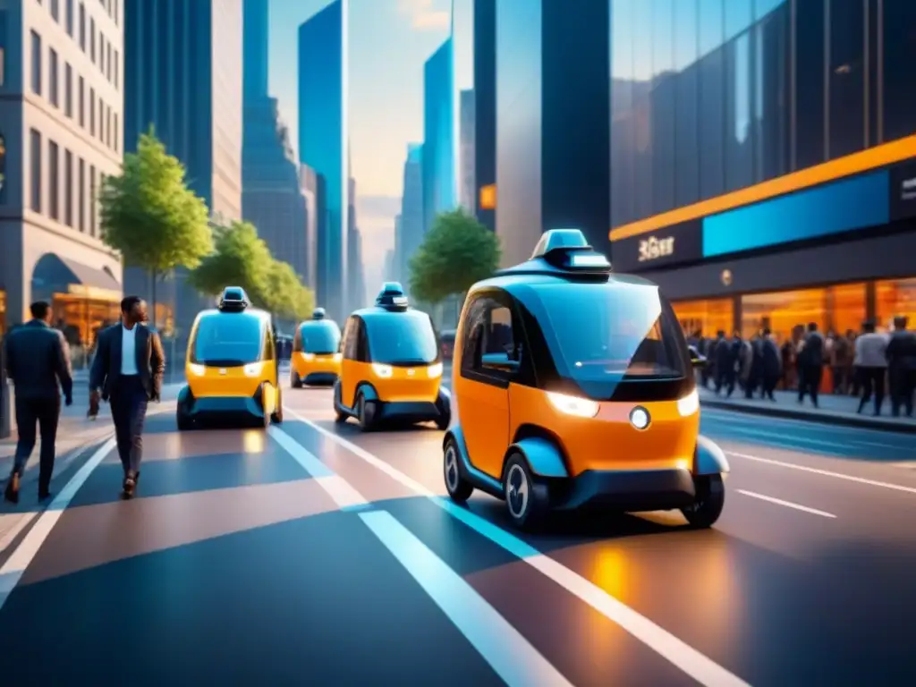 Escena urbana futurista: microvehículos eléctricos en la última milla Microvehículos eléctricos en una ciudad futurista, entregando paquetes a negocios