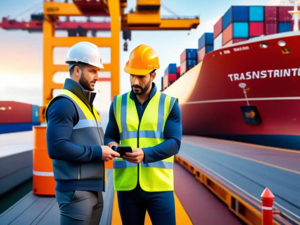 Logística global: GPS en contenedor de carga Emocionante escena de seguimiento GPS en transporte logístico con contenedores cargados en un barco, trabajadores y eficiencia