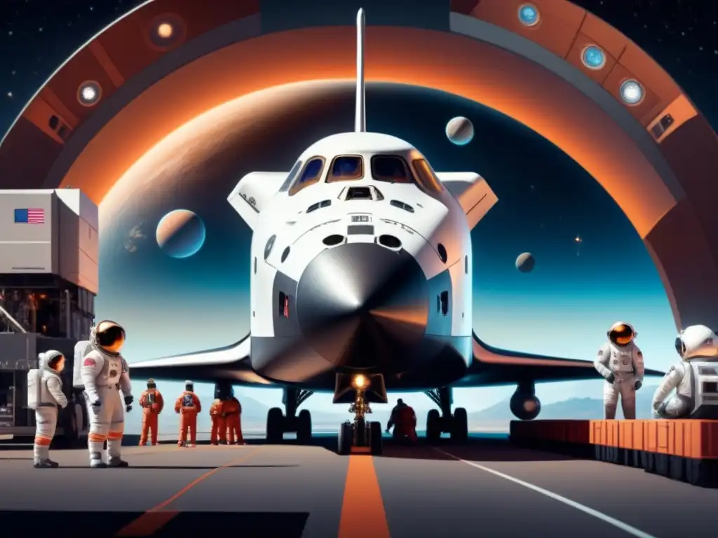 Spaceport futurista: logística interplanetaria de alta tecnología Un emocionante escenario de innovaciones en transporte logística espacial con una nave espacial futurista en un concurrido puerto interestelar