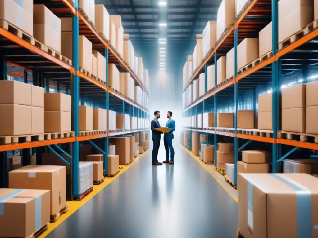 Almacén moderno: robots y tecnología optimizan la logística Un emocionante almacén con robots automatizados moviendo paquetes, mientras trabajadores supervisan pantallas con datos en tiempo real