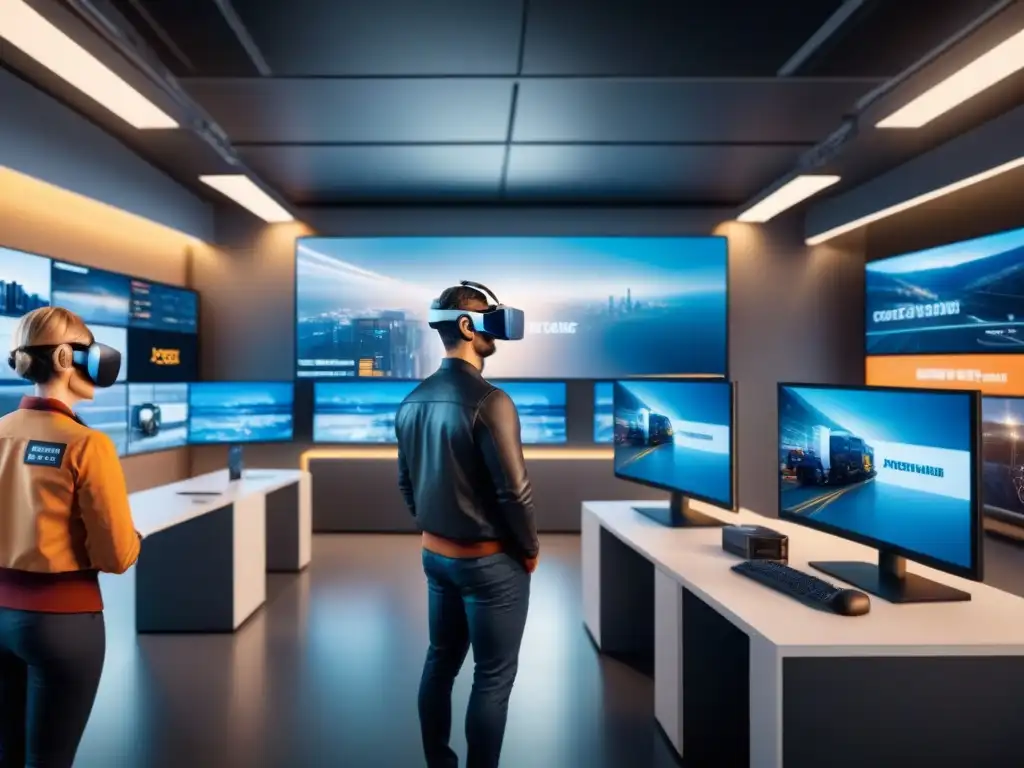 Sala de entrenamiento VR para logística: tecnología futurista y diversidad Un emocionante salón de entrenamiento en realidad virtual para logística, con simulaciones virtuales y tecnología de vanguardia