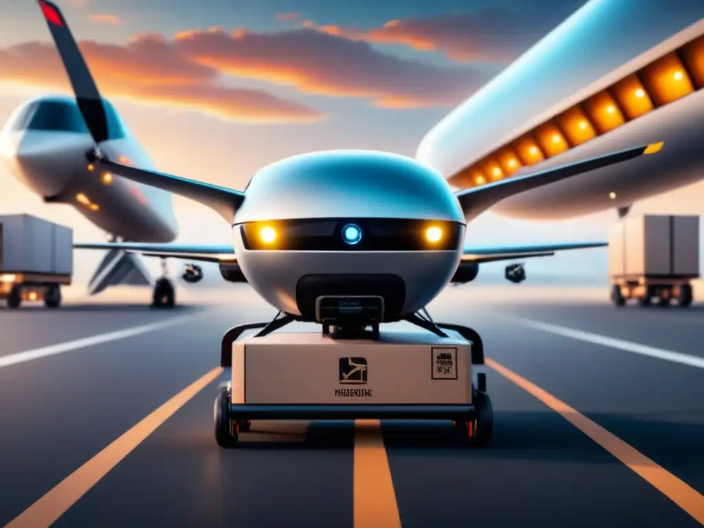 Logística aérea del futuro: Drone delivery en aeropuerto Un emocionante sistema de entrega con drones en un aeropuerto de carga, destacando la Inteligencia Artificial en el transporte aéreo de mercancías