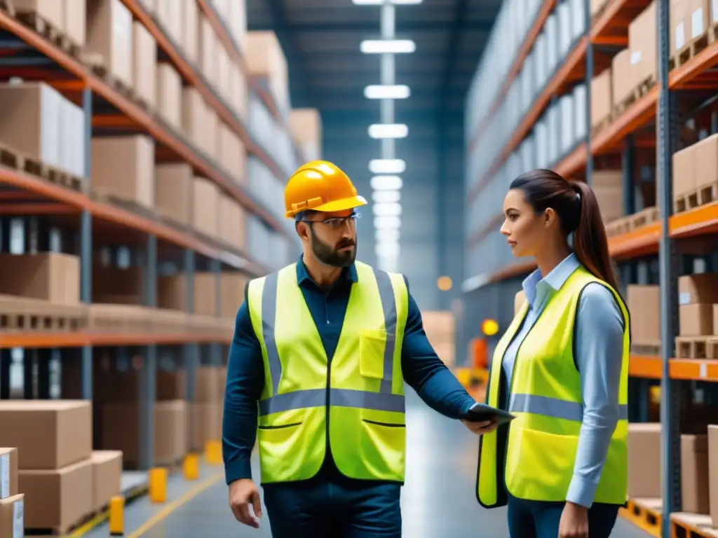 Almacén moderno: tecnología de visión por computadora optimiza inventario Empleados en un almacén moderno usando Visión por computadora en logística para gestionar inventario eficientemente