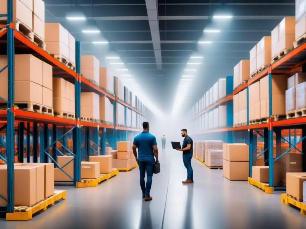 Almacén ecommerce: eficiencia con software de análisis predictivo Empleados realizando análisis predictivo en ecommerce para optimizar procesos de gestión de inventario y pedidos en almacén