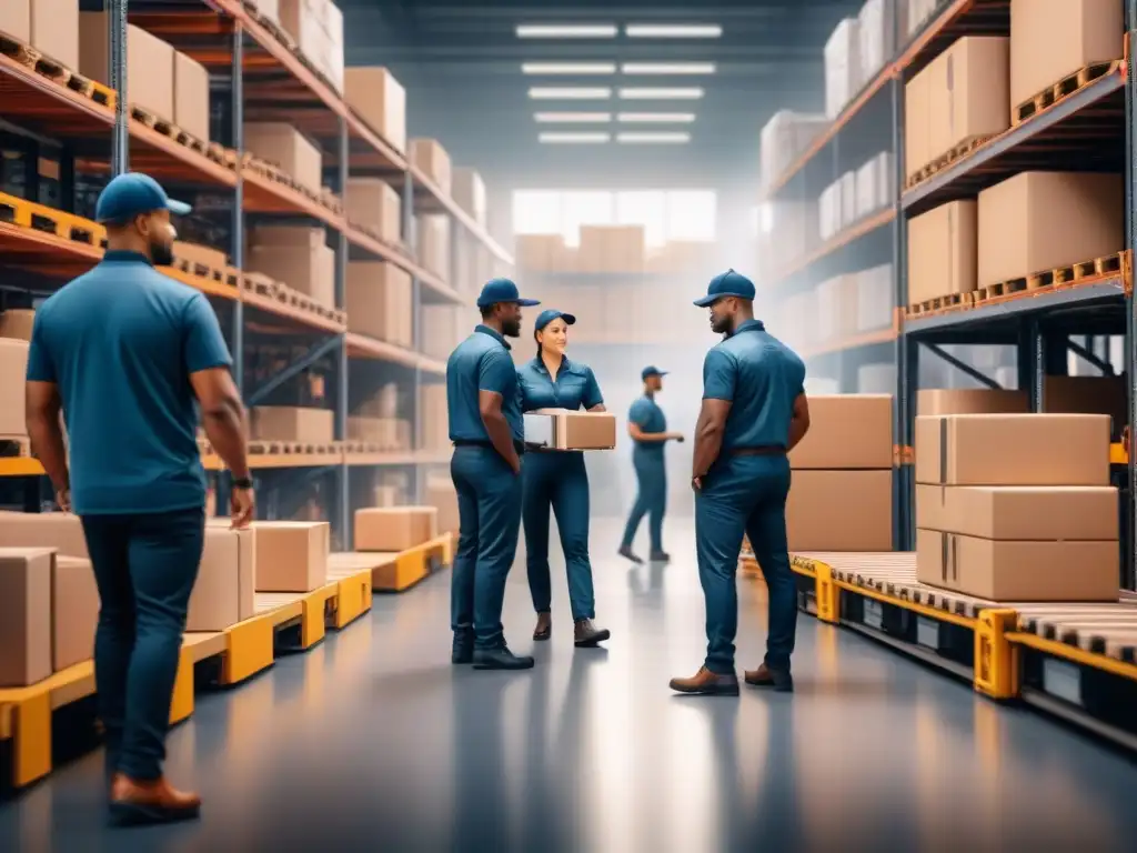 Empleados eficientes en centro logístico con franquicias logísticas escalables innovadoras