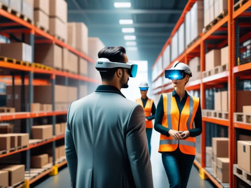 Almacén moderno con realidad aumentada y robots automatizados Empleados con gafas de Realidad Aumentada en logística, interactúan con hologramas en almacén moderno