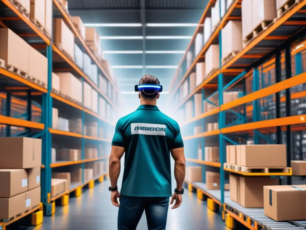 Almacén futurista: Trabajadores con gafas de realidad aumentada Empleados usan gafas de realidad aumentada en almacén automatizado