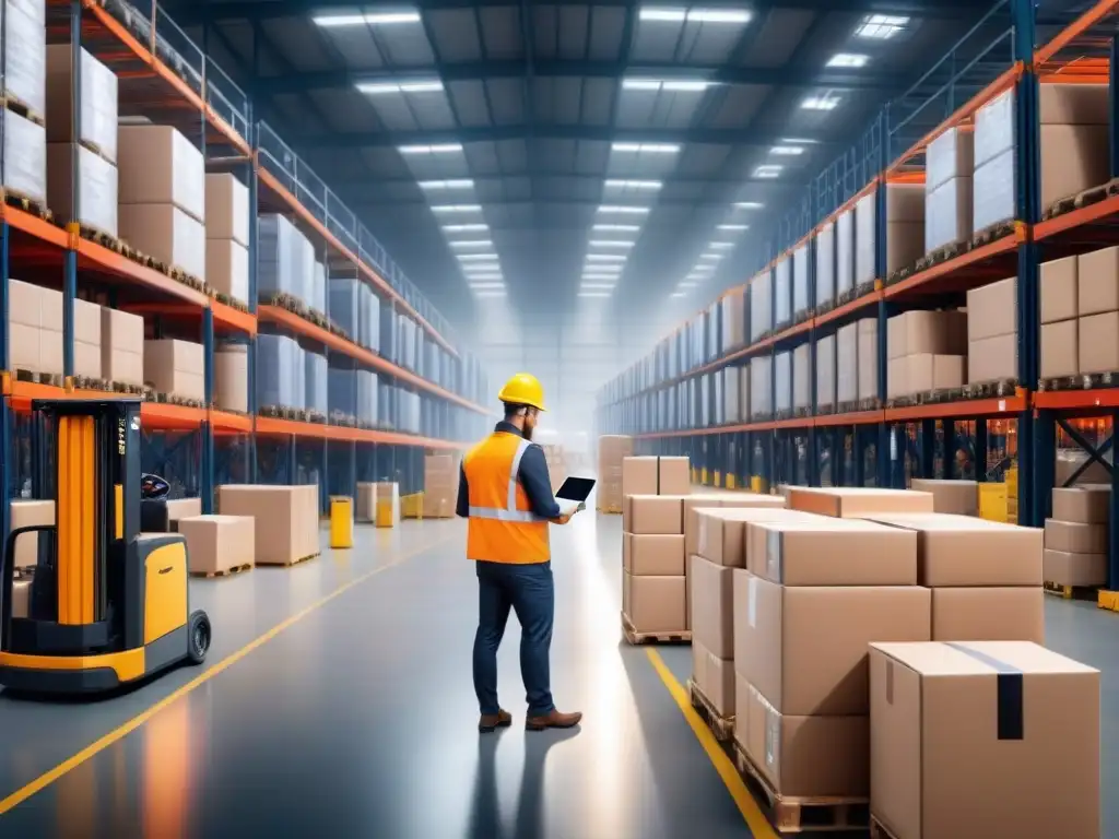 Almacén logístico digital: innovación y productividad Empleados usando herramientas digitales para fidelización logística en almacén moderno y eficiente