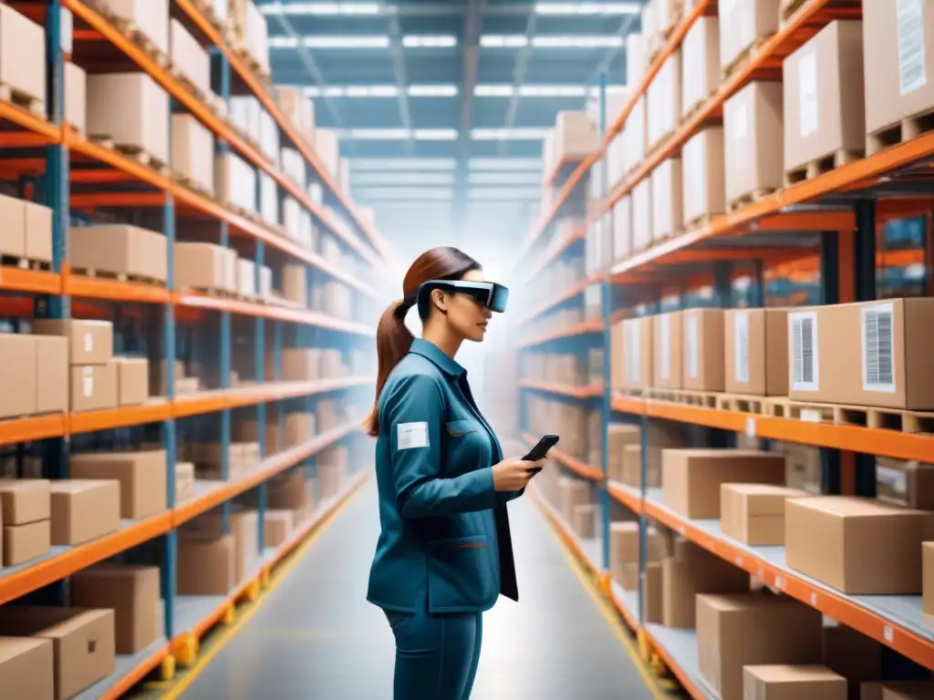 Almacén del futuro: Realidad Aumentada revoluciona logística Empleados usando lentes de Realidad Aumentada en gestión logística, escaneando productos en almacén futurista