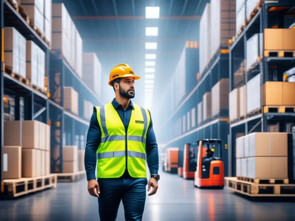 Centro logístico moderno: eficiencia y colaboración Empleados y plataformas colaborativas en logística, eficiencia y coordinación en un centro logístico moderno
