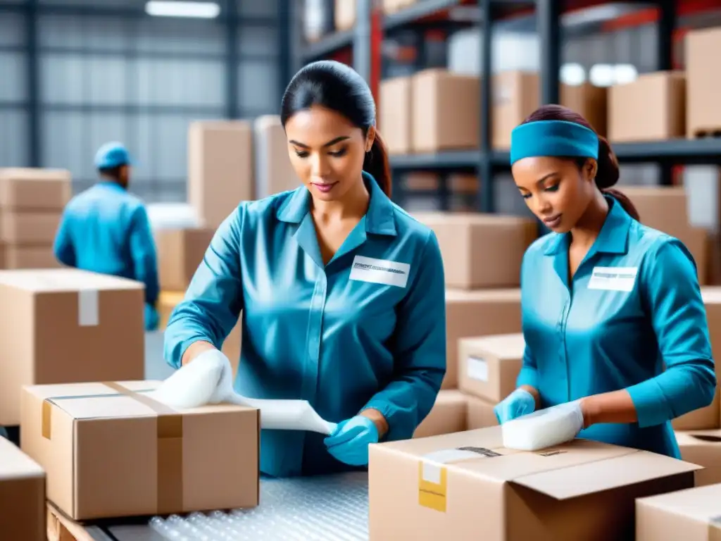 Embalaje profesional de productos frágiles en almacén Empleados embalando con precisión productos frágiles en cajas para transporte, utilizando materiales protectores