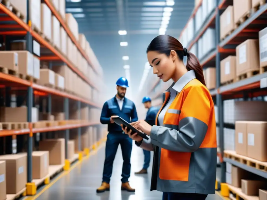 Operaciones eficientes: trazabilidad en almacén con tecnología avanzada Empleados escanean productos con Software trazabilidad productos tiempo real, mostrando datos actualizados y operaciones eficientes