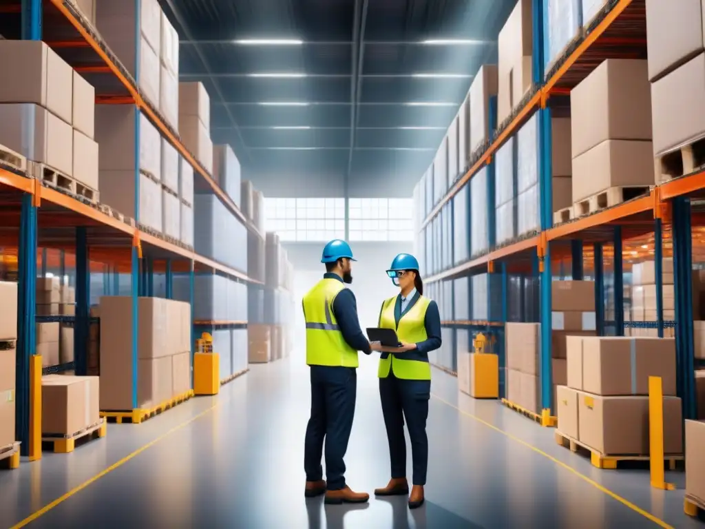 Centro logístico futurista: trabajadores con gafas de realidad aumentada agilizan la distribución Empleados con Realidad Aumentada en logística escanean paquetes en almacén futurista